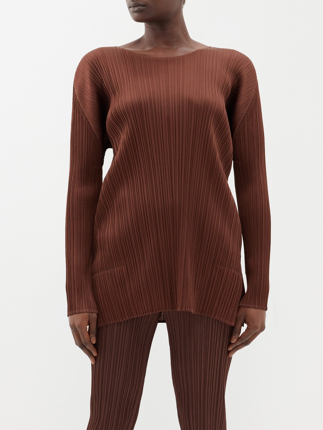 Brown Chiffon Twist high-neck technical-pleated top, Issey Miyake