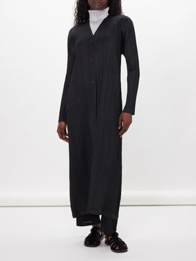 Pleats Please Issey Miyake Technical-pleated long button-down day coat