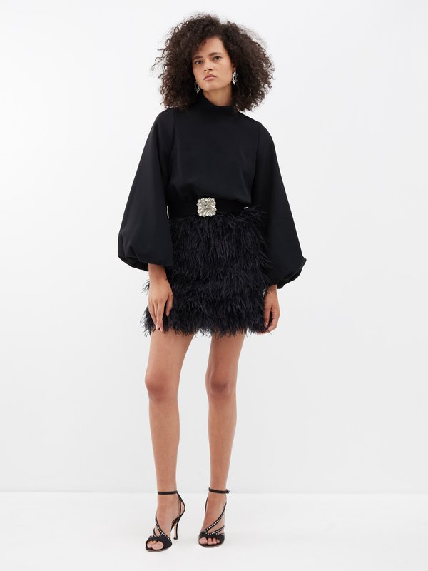Andrew Gn Balloon-sleeve crepe and feather-trim mini dress