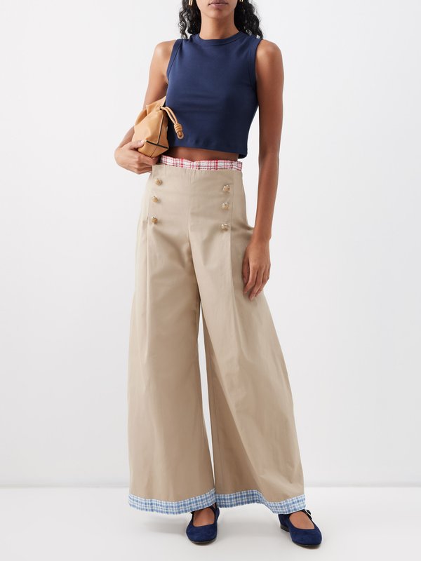 Rosie Assoulin Sailor gingham-trim cotton-blend wide-leg trousers