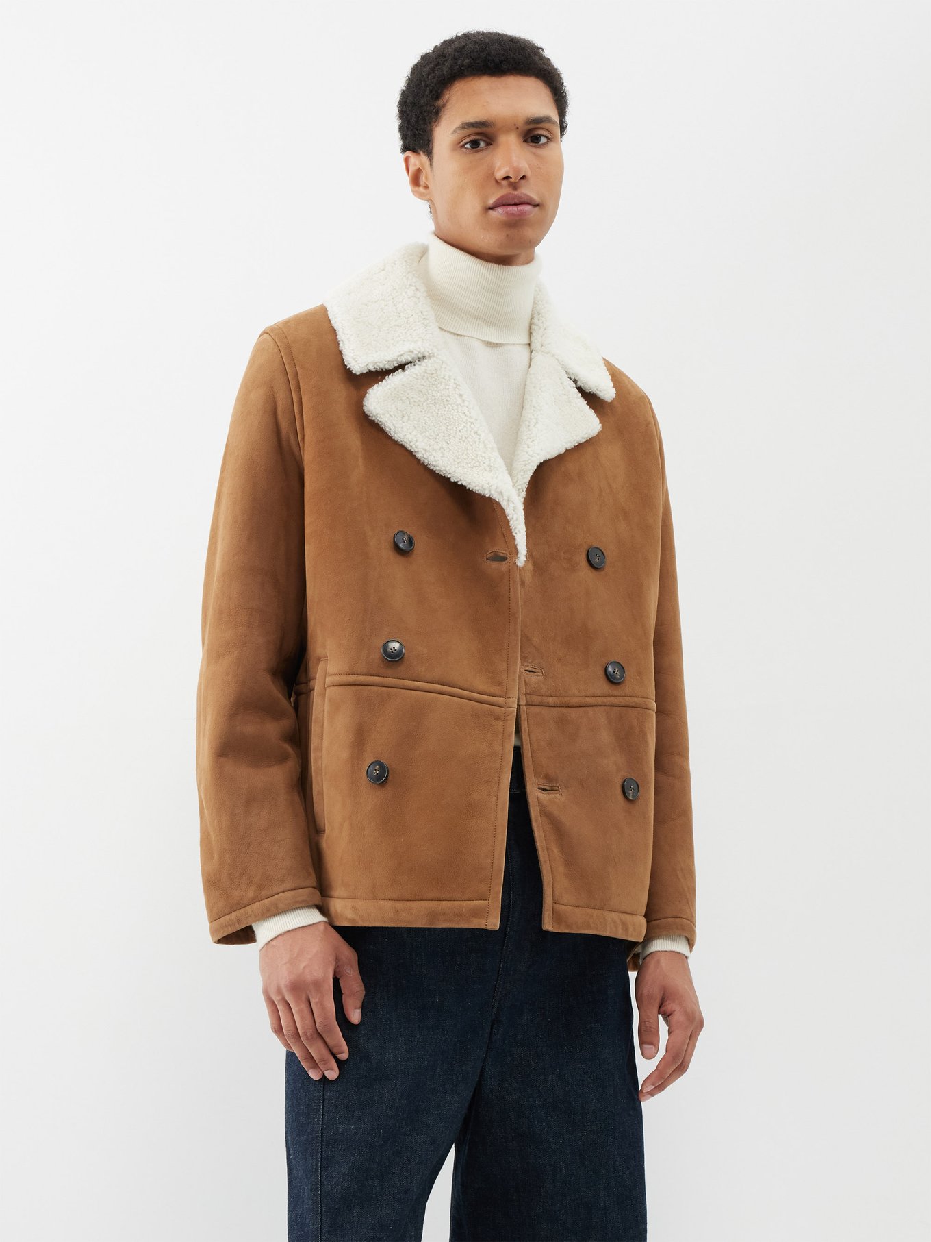 Merino Shearling Double-Breasted Coat - Luxury Brown