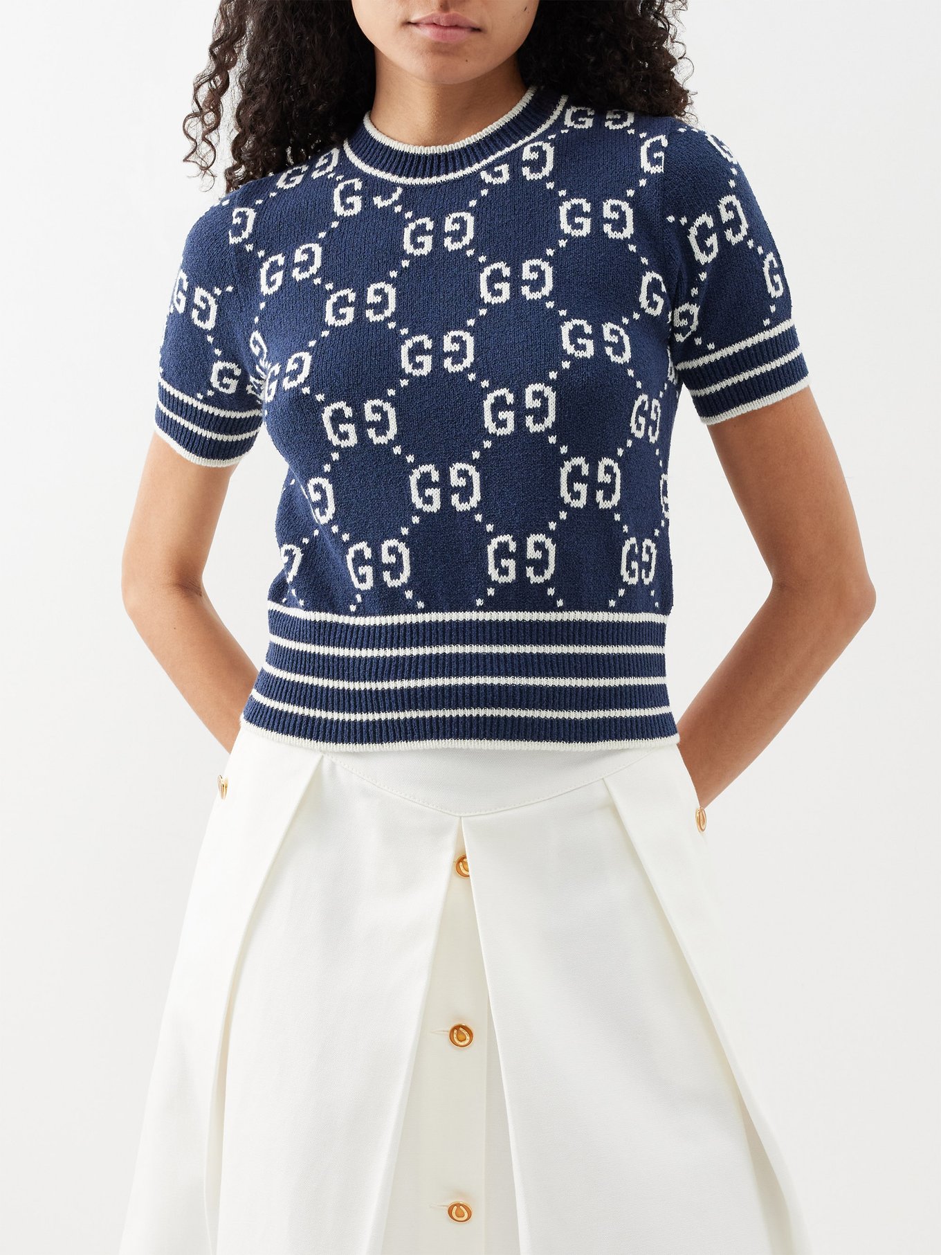 Navy white GG-jacquard cotton-blend short-sleeved sweater | Gucci | MATCHES  UK