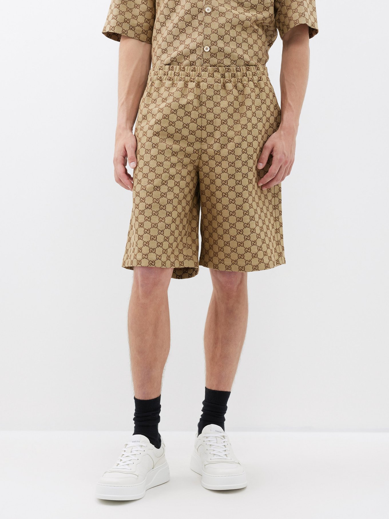 Gucci - Short-sleeved GG-jacquard Linen-Blend Shirt - Mens - Camel