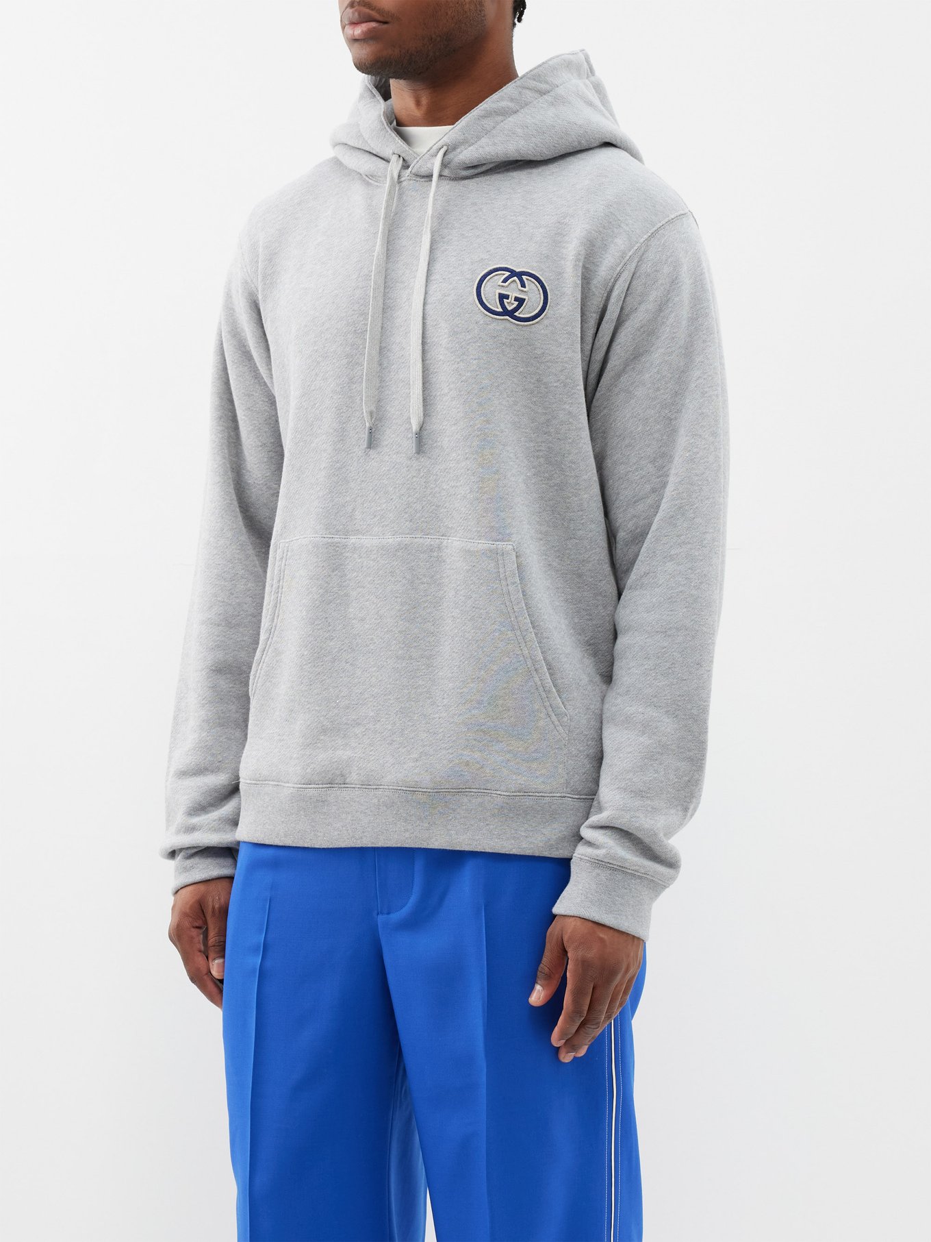 Grey Interlocking G-appliqué cotton-jersey hoodie | Gucci |