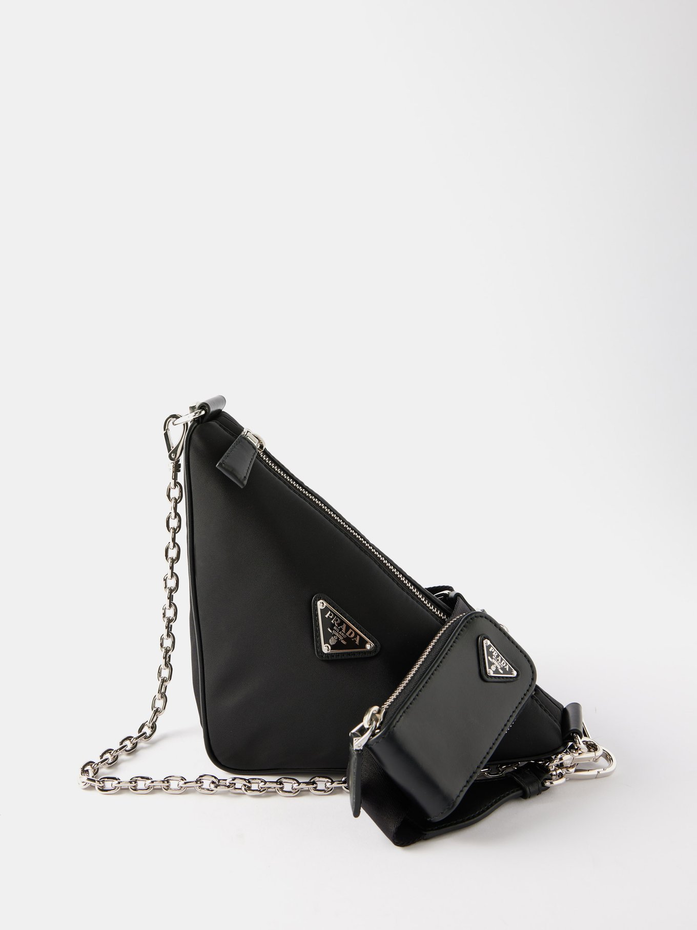 Prada Triangle-Logo On-Chain Clutch Bag Black in Nylon with Silver