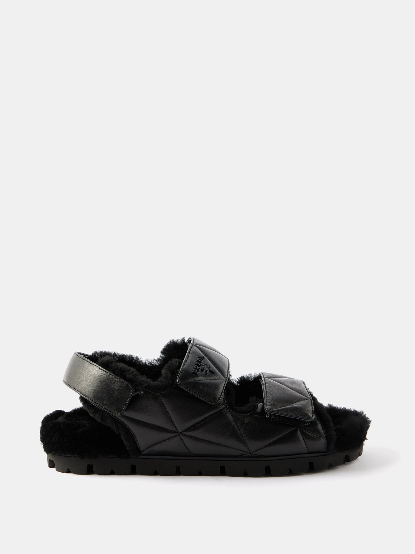 Black Shearling-lined quilted-leather sandals, Prada
