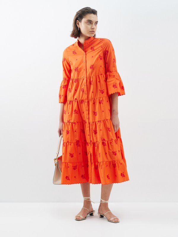 Erdem Floral-embroidered bell-sleeve cotton midi dress