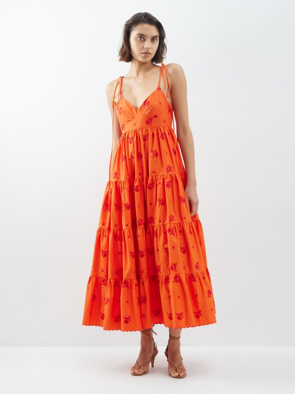 Erdem Floral-embroidered tiered cotton-poplin midi dress