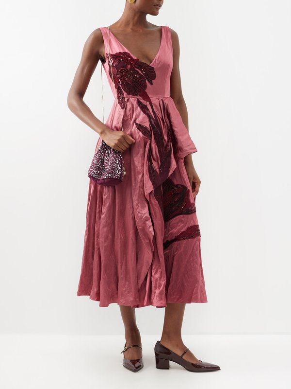 Erdem Floral-sequin asymmetric-skirt satin dress