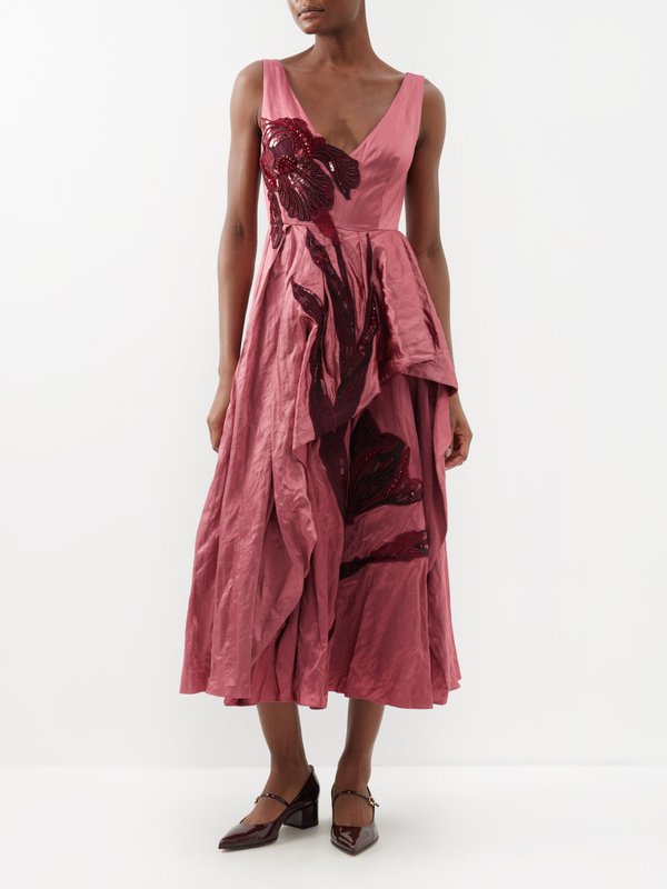 Erdem Floral-sequin asymmetric-skirt satin dress