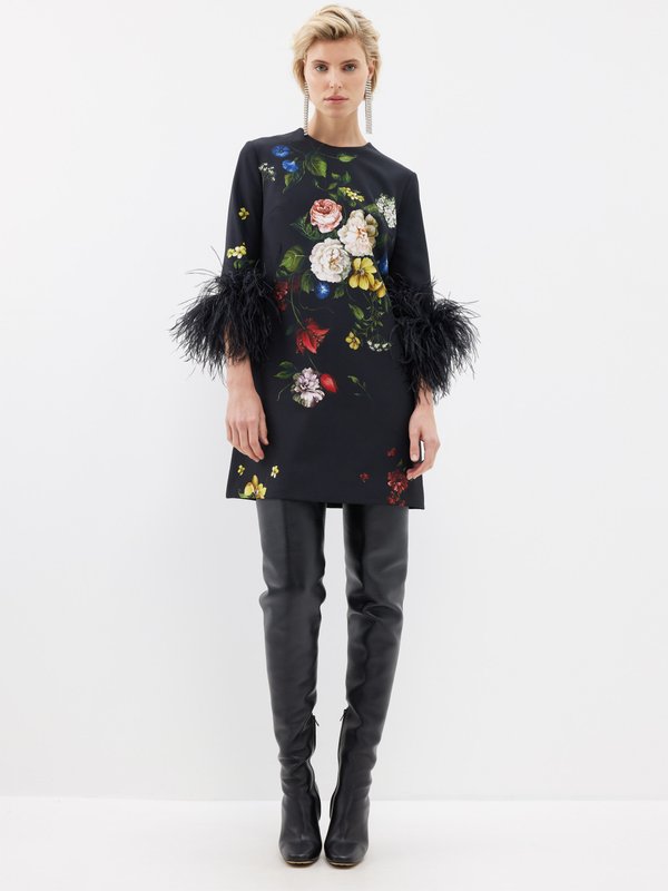 Elie Saab Feather-trim floral-print crepe mini dress