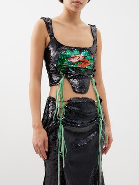 Yuhan Wang Rose-motif sequinned corset top
