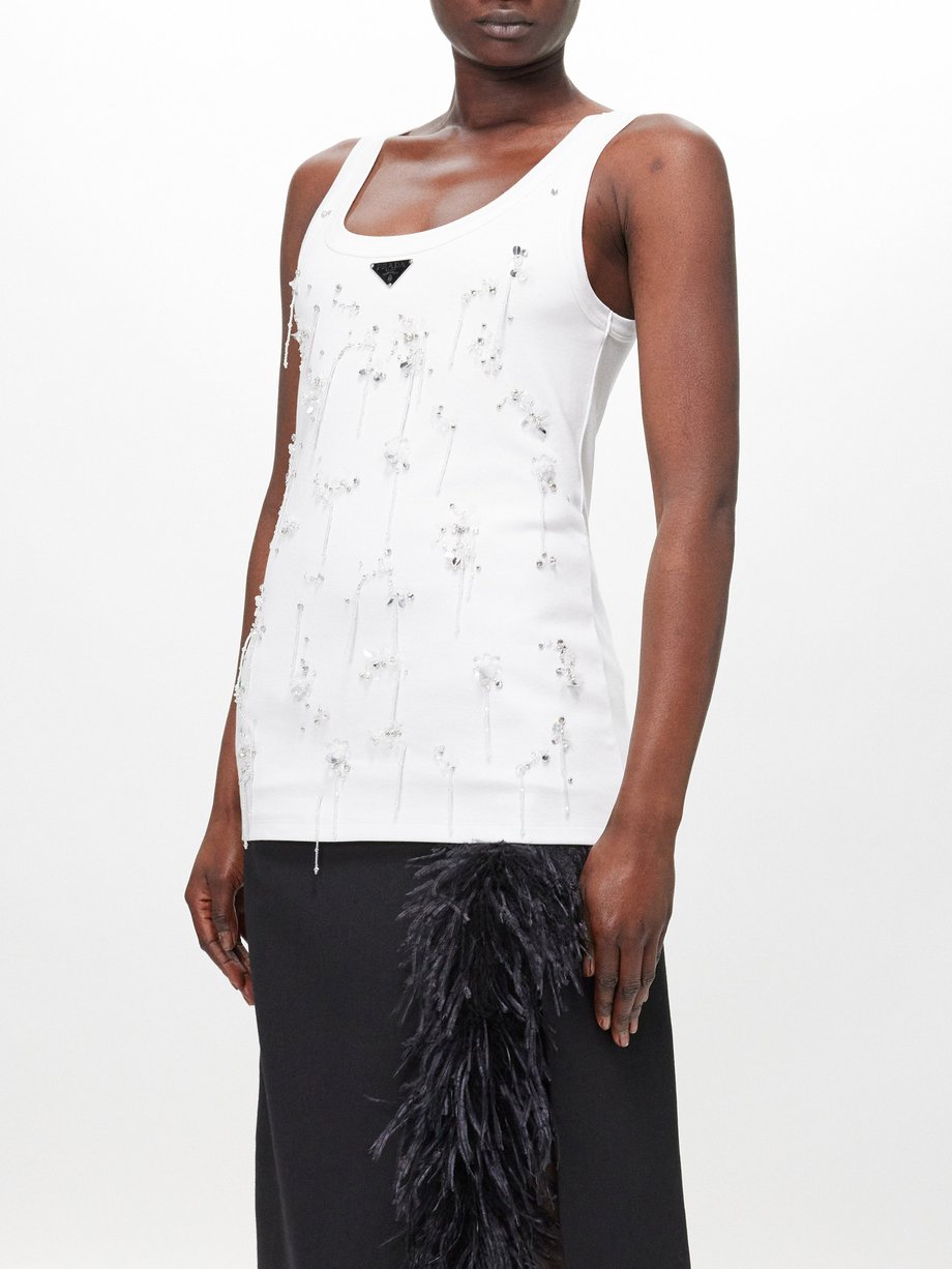 Prada Flower-crystal embroidered cotton tank top