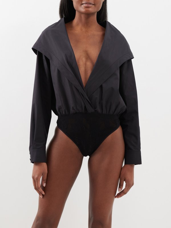 ALAÏA Hooded plunge-front cotton-poplin bodysuit