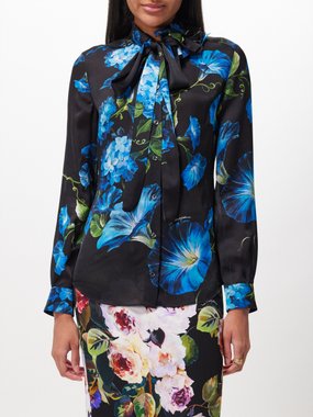 Dolce & Gabbana Floral-print pussy-bow silk-chiffon blouse