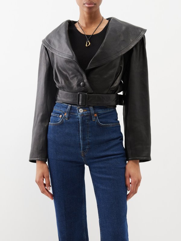 FRAME Oversized-collar cropped leather jacket