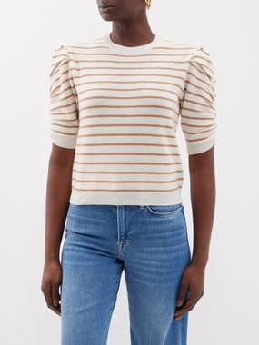 FRAME Ruched-sleeve striped cashmere sweater