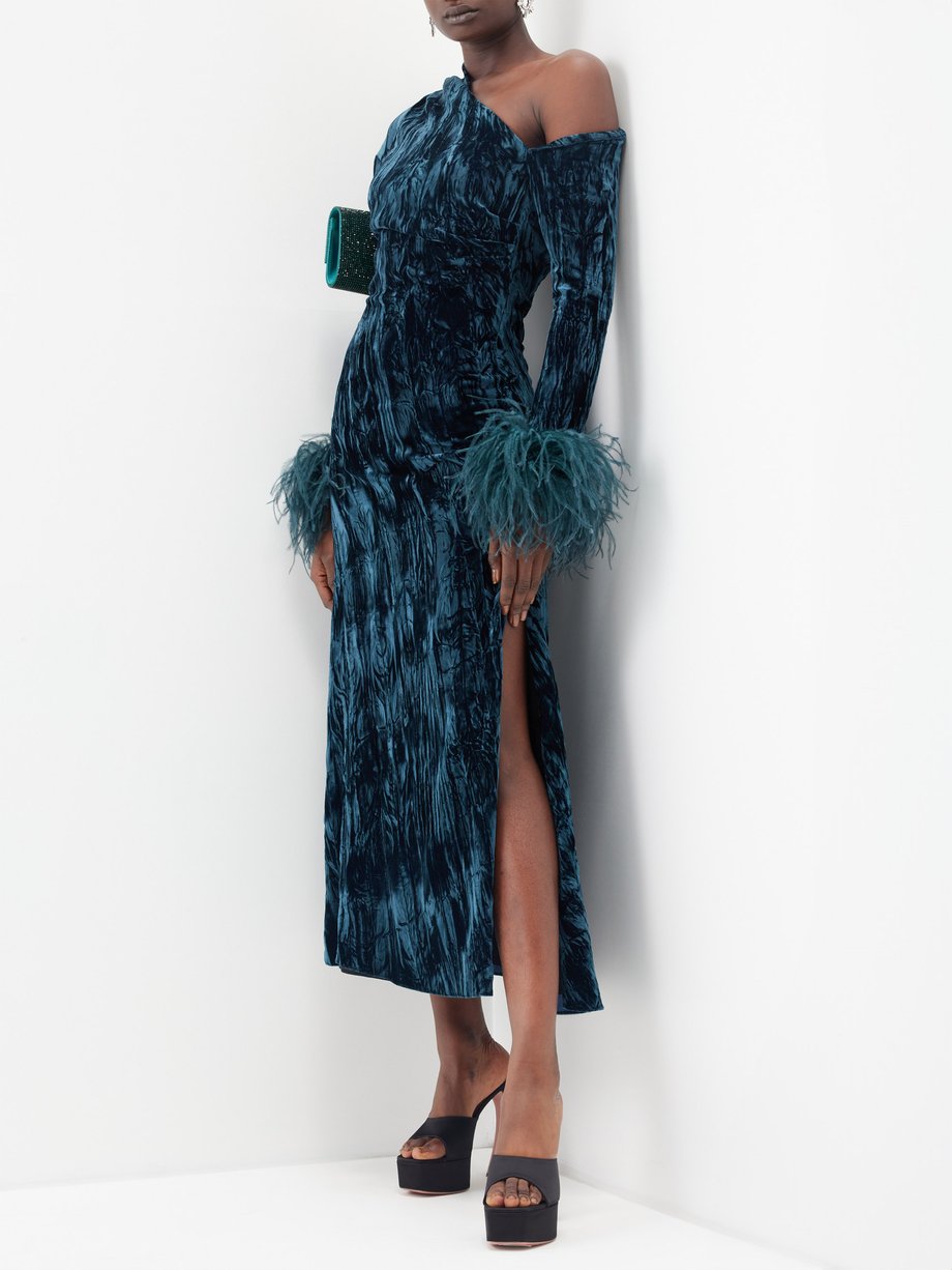 16Arlington Adelaide feather-trim crushed-velvet midi dress