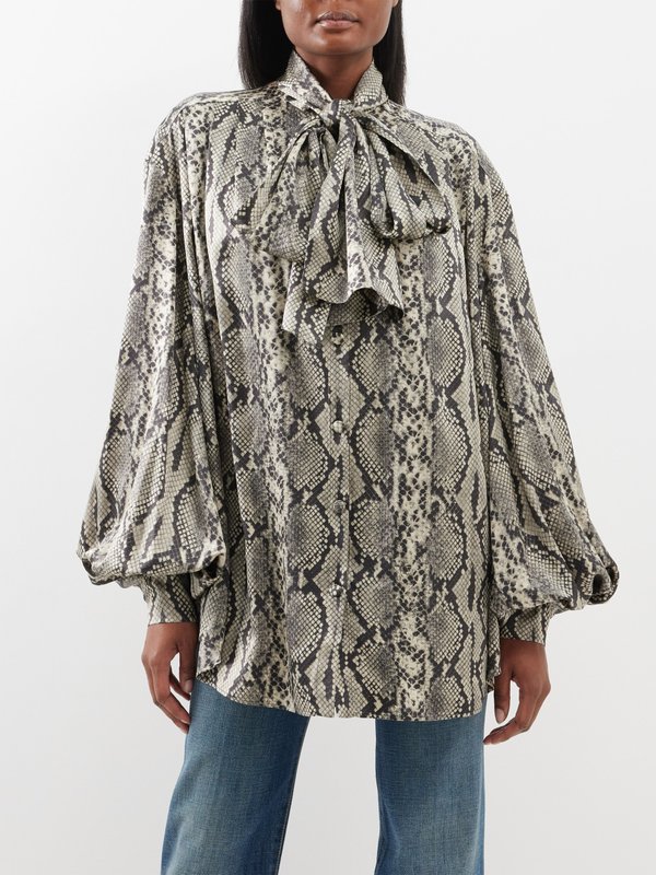 Balmain Pussybow python-print silk-satin shirt
