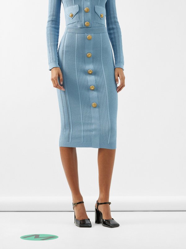 Balmain Buttoned pointelle-knit midi skirt
