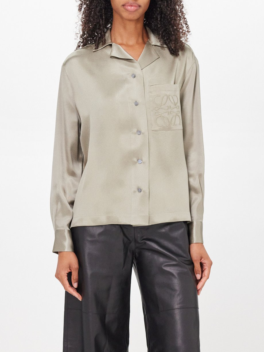 LOEWE Anagram-embroidered silk-blend satin blouse