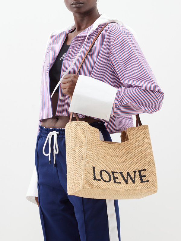 LOEWE Logo-jacquard raffia leather-trim tote bag