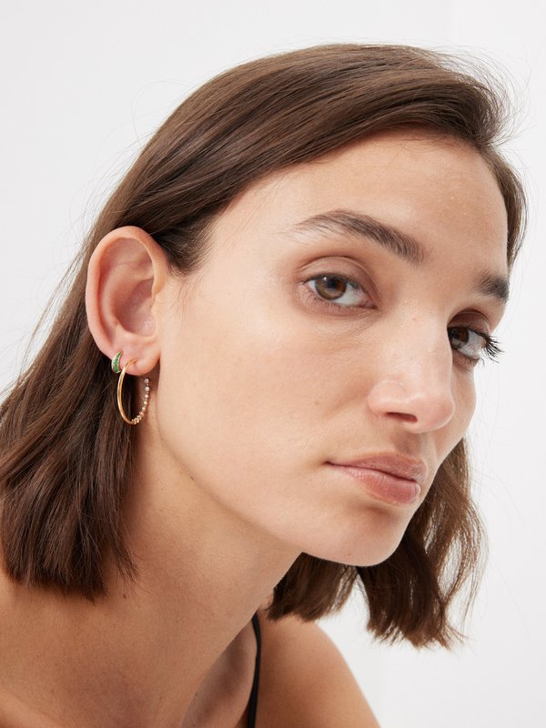 Lizzie Mandler Crescent XS diamond, emerald & gold earrings