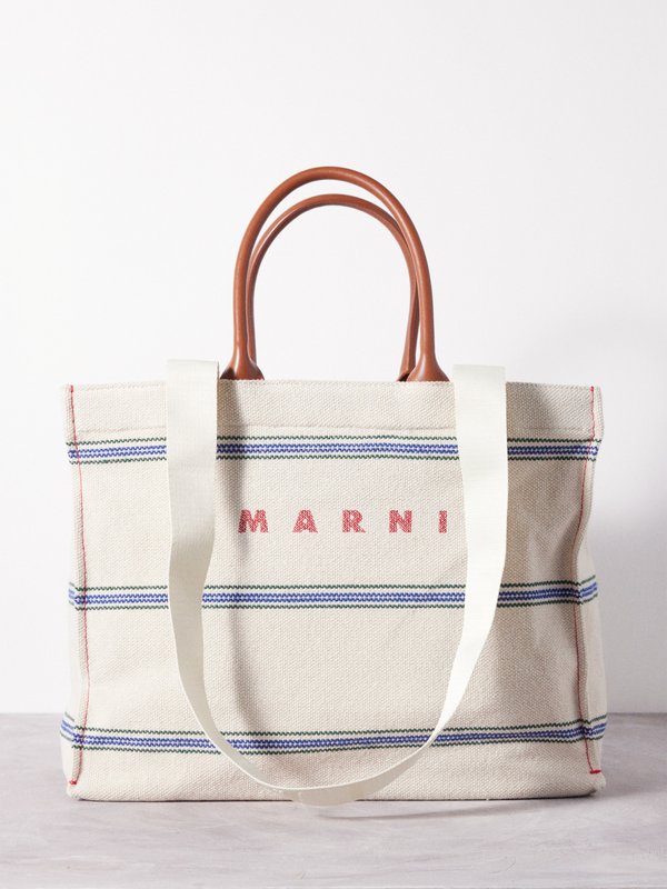 Marni Canvas stripe leather-strap tote bag
