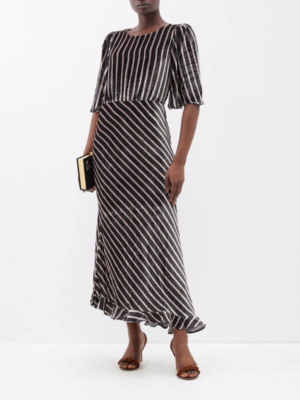 Saloni Vida asymmetric striped velvet midi dress