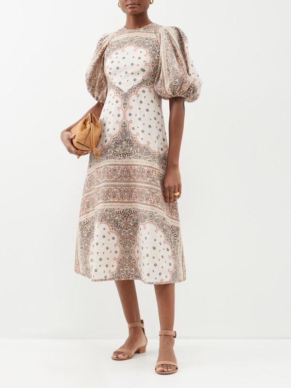 Zimmermann Day paisley-print puff-sleeve linen midi dress