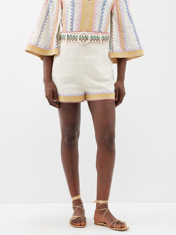 Zimmermann August floral-embroidered belted cotton shorts