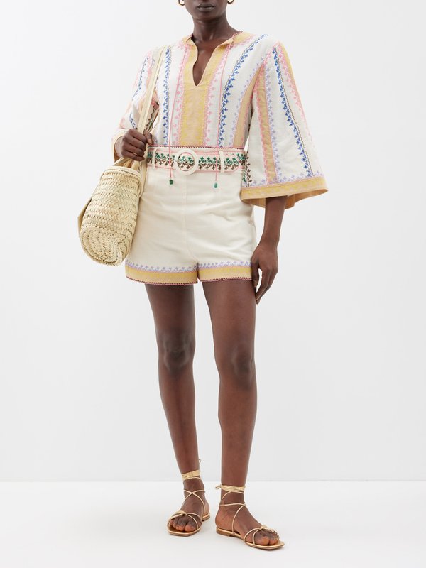 Zimmermann August floral-embroidered belted cotton shorts