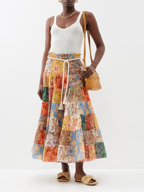 Zimmermann Junie rope-belt floral-print cotton midi skirt