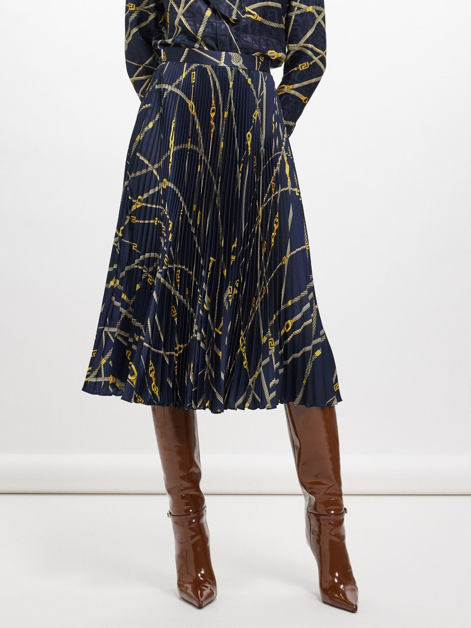 Versace Nautical-print pleated satin midi skirt