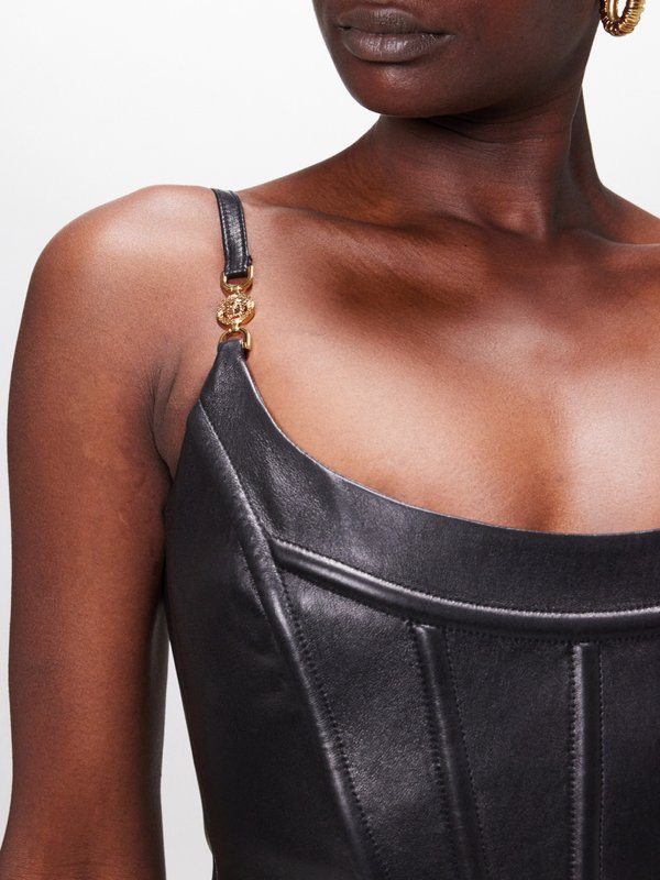 Versace Logo-strap leather corset dress