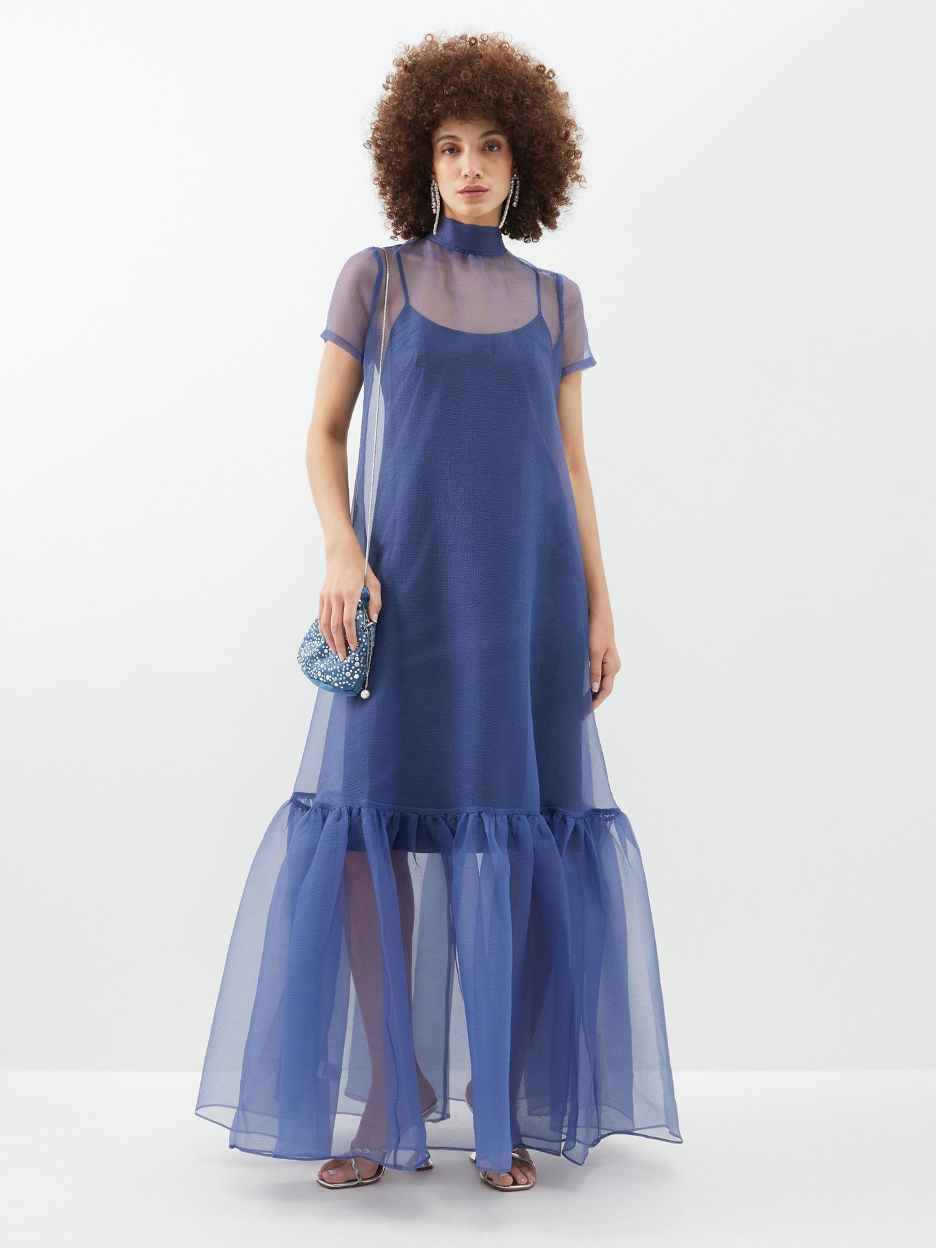Women's Bohemian Blue Floral Chiffon Midi Dress