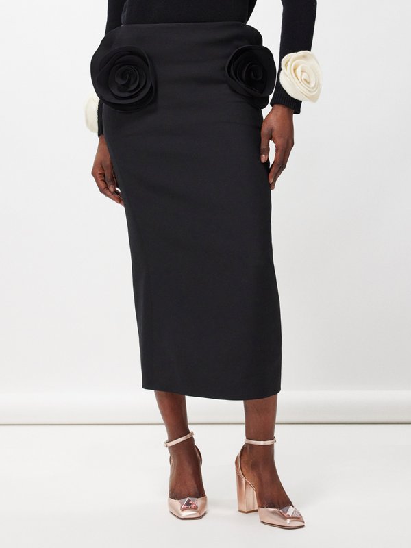 Valentino Garavani Rose-appliqué wool-blend crepe pencil skirt