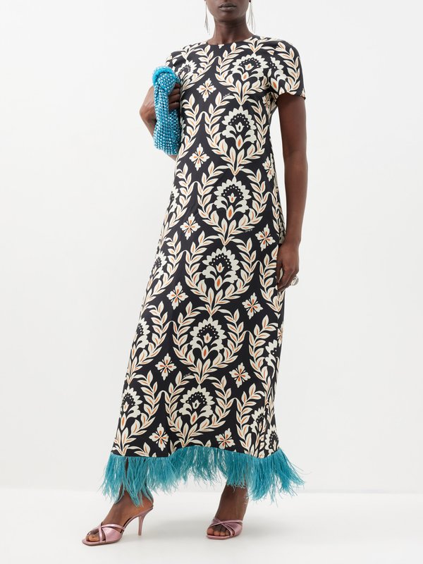 La DoubleJ Feather-trim printed silk-twill maxi dress