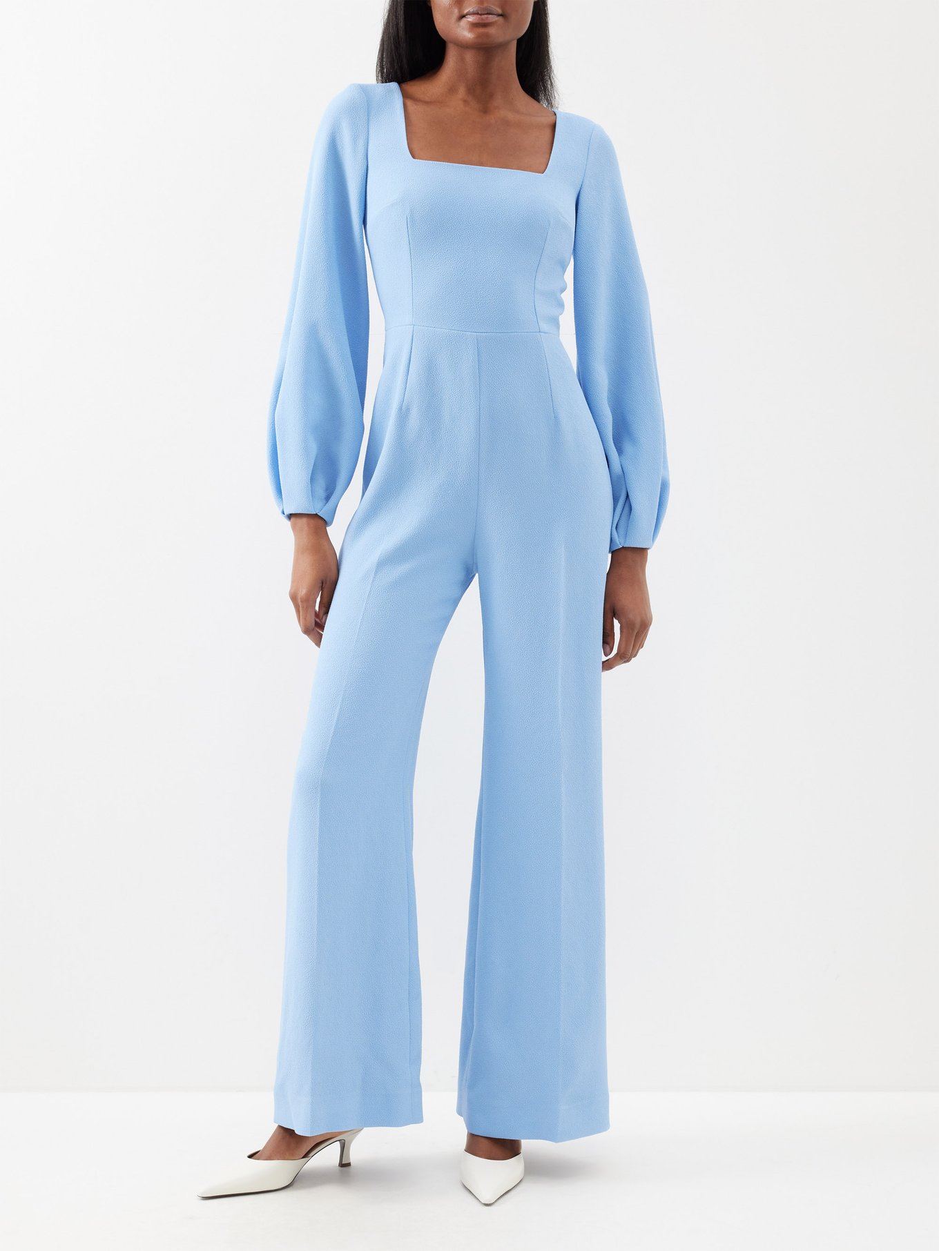 Blue Whitney pleated wool-crepe flared jumpsuit, Emilia Wickstead