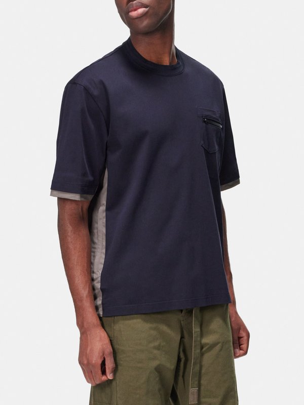 Sacai Zip-pocket cotton-jersey panelled T-shirt
