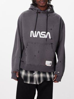 Mihara Yasuhiro NASA-print distressed cotton-jersey hoodie