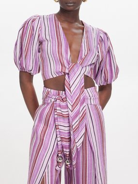 Lisa Marie Fernandez Pouf striped linen-blend cropped top