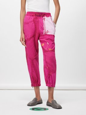 By Walid Jogger floral-embroidered vintage-linen trousers