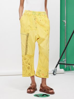 By Walid Juan floral-embroidered vintage-linen trousers
