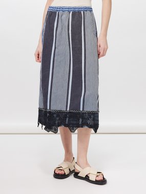 By Walid Izzy lace-trim 19th-century linen-blend midi skirt