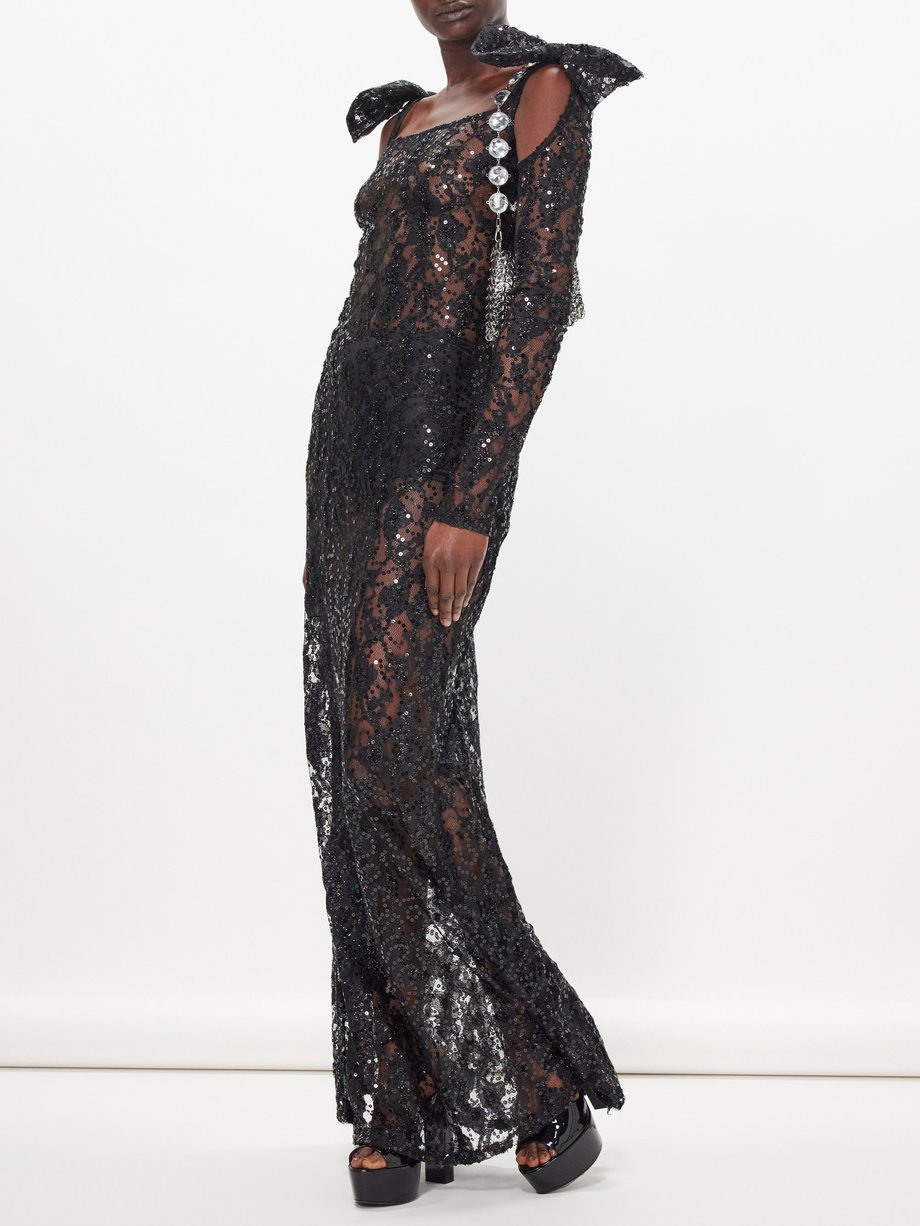 Nina Ricci Bow-embellished sequinned lace maxi dress