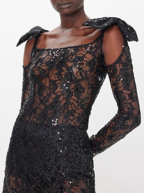Nina Ricci Bow-embellished sequinned lace maxi dress