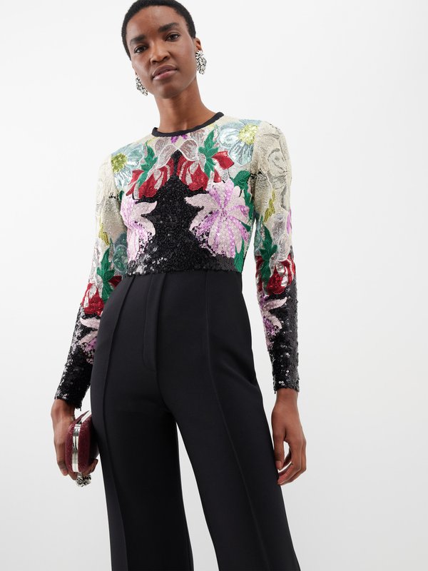 Elie Saab Floral-sequinned tulle and crepe jumpsuit