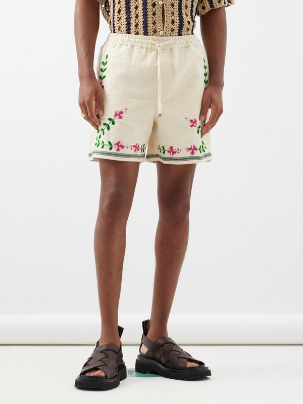 HARAGO Floral-embroidered cotton shorts