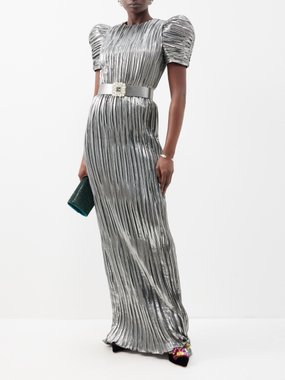 Andrew Gn Puff-sleeve pleated silk-blend lamé gown